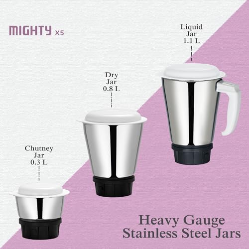 McCoy Mighty X5 Mixer Grinder | 3 SS Jars | 500 W Mixi | Hybrid Motor with 2 Years Warranty | Light Purple & White - Image 2