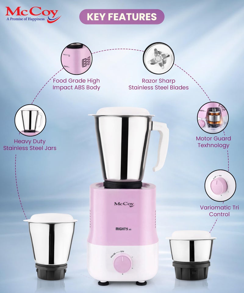 McCoy Mighty X5 Mixer Grinder | 3 SS Jars | 500 W Mixi | Hybrid Motor with 2 Years Warranty | Light Purple & White - Image 4