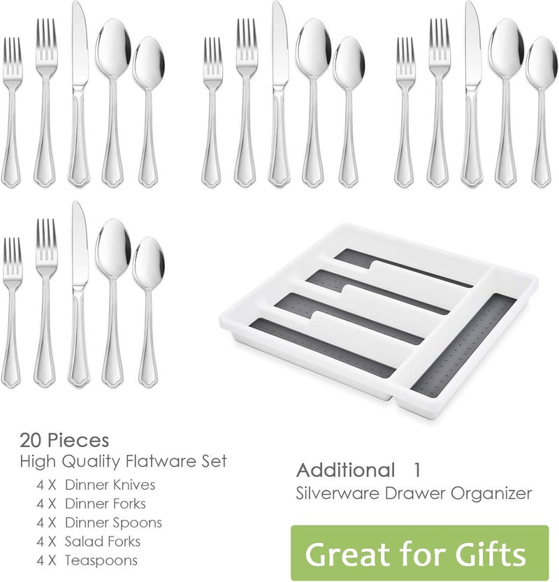 HaWare 20 Pieces Silverware Set with OrganizerTray for 4 HaWare Stainless Steel Flatware Cutlery Set Elegant Design for Home Hotel Kitchen Wedding Mirror Polished Dishwasher Safe - Image 2
