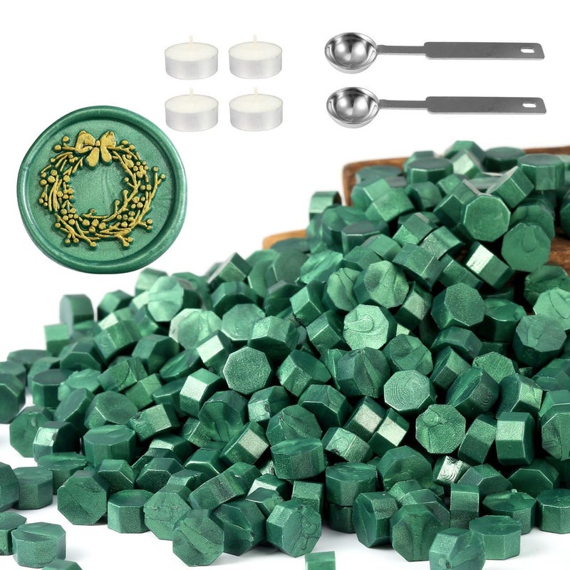 Yoption 360Pcs Metallic Green Sealing Wax Beads Hexagon Wax Seal Beads with 4Pcs Tea Candles and 2 Melting Spoons for Wedding Invitations Wine Packaging Gift Wrap Envelopes