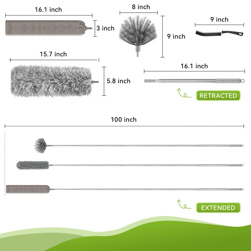 MimAuto 100-inch Duster with Extension Pole, 9-in-1 Cobweb Duster Kit Includes Spider Web Brush & Flat Gap Cleaner for High Ceiling, Fan, Under Appliances, Car, Home Deep Cleaning - Image 4