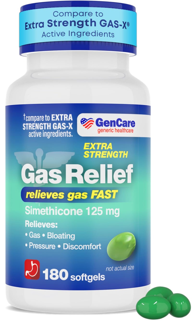 GenCare Extra Strength Gas Relief Simethicone 125mg 180 Softgels Maximum Strength Anti Gas Pills for Bloating Relief Pressure Discomfort Compare to Generic Extra Strength Gas X