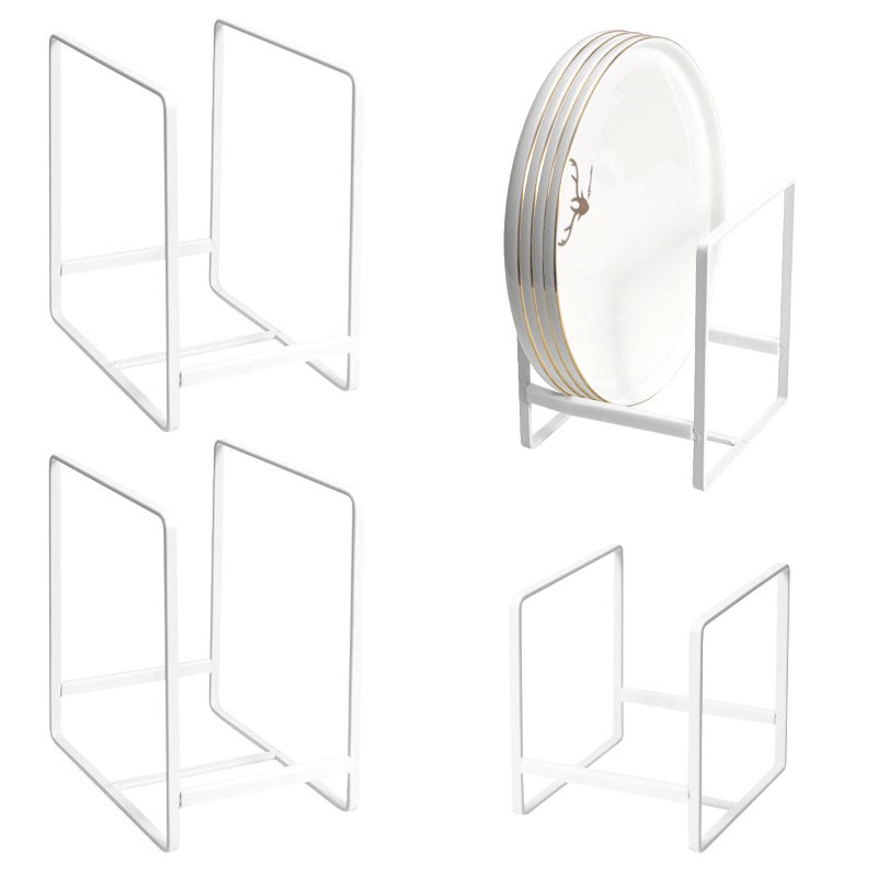 MESTUDIO Plate Holders Organizer for Kitchen Cabinet Counter Cupboard  4Pcs Metal Dish Storage Drying Display Rack  Upright Dish Stand for Storing Pans Lids Dish Trays (2 Small and 2 Large  White) - Image 1