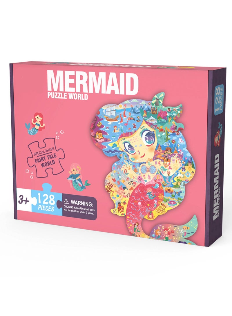 Cute Cartoon Children'S Jigsaw Puzzle Educational Toys, Children'S Gifts Birthday Sharing Souvenirs Gift Box Jigsaw Puzzle Educational Toys Kindergarten Gifts, Suitable For Children Over Three Years Old To Play (128 Pieces Of Mermaid) - Image 1