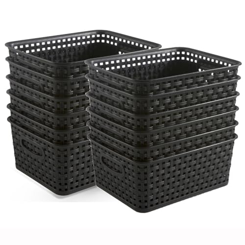 ZHENFAN Black Plastic Weave Storage Baskets, 12-Pack Woven Basket Organizer for Kitchen Office Bathroom - Image 1