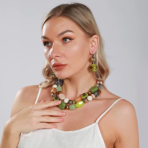 Bocar 2 Layer Statement Chunky Necklaces for Women Multicolured Irregular Resin Beaded Necklaces for Gifts (NK-10384-olive) - Image 2