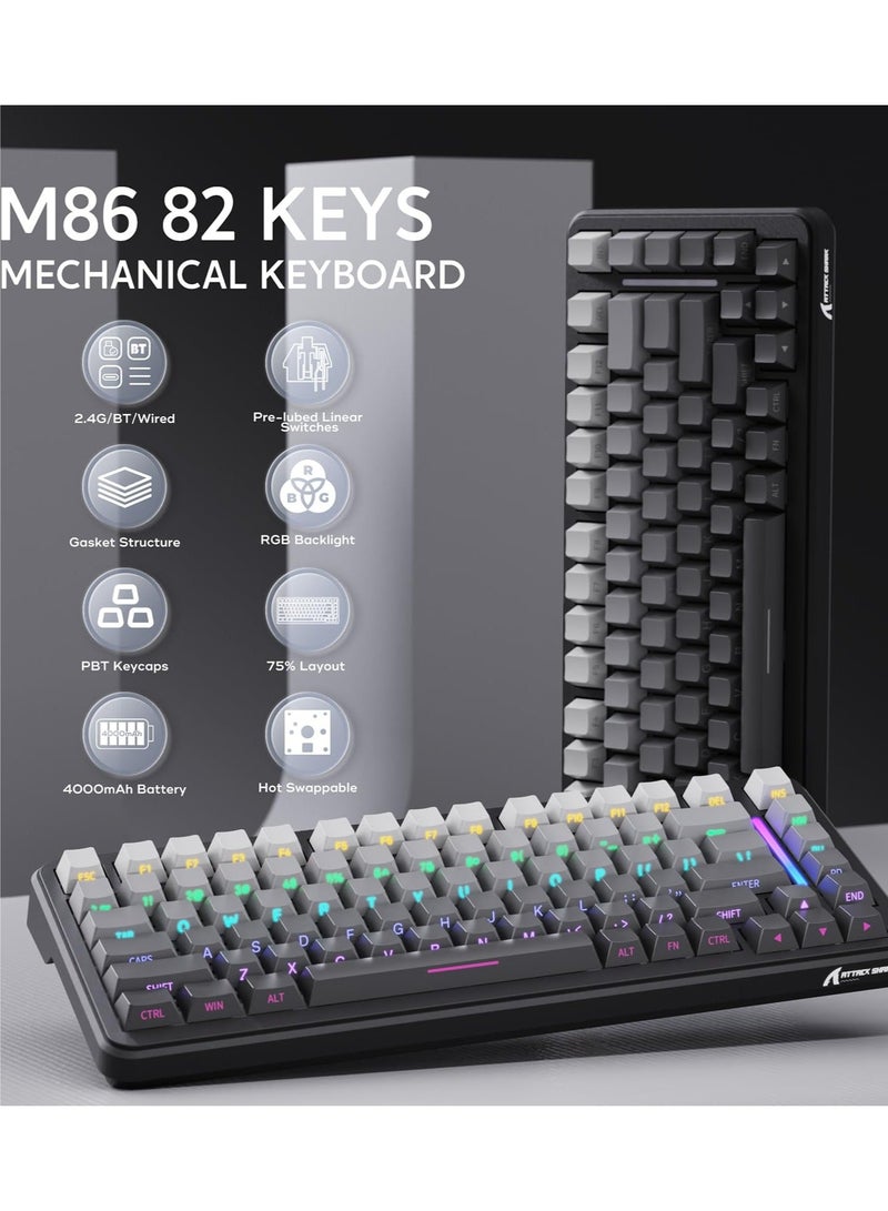 Attack Shark M86 83 Keys Wireless Mechanical Keyboard, 75% Gasket Hot Swappable Custom Keyboard, Side Printed PBT Keycaps, RGB Backlit, Pre-lubed Switches, BT/2.4GHz/ Wired Mechanical Gaming Keyboard - Image 4