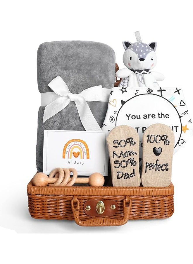 Arabest Baby Shower Gifts, New Born Baby Gifts for Girls Boys, Unique Baby Gifts Basket Essential Stuff - Baby Lovey Blanket Newborn Bibs Socks Wooden Rattle & Greeting Card, Newborn Baby Gift Set - Image 1
