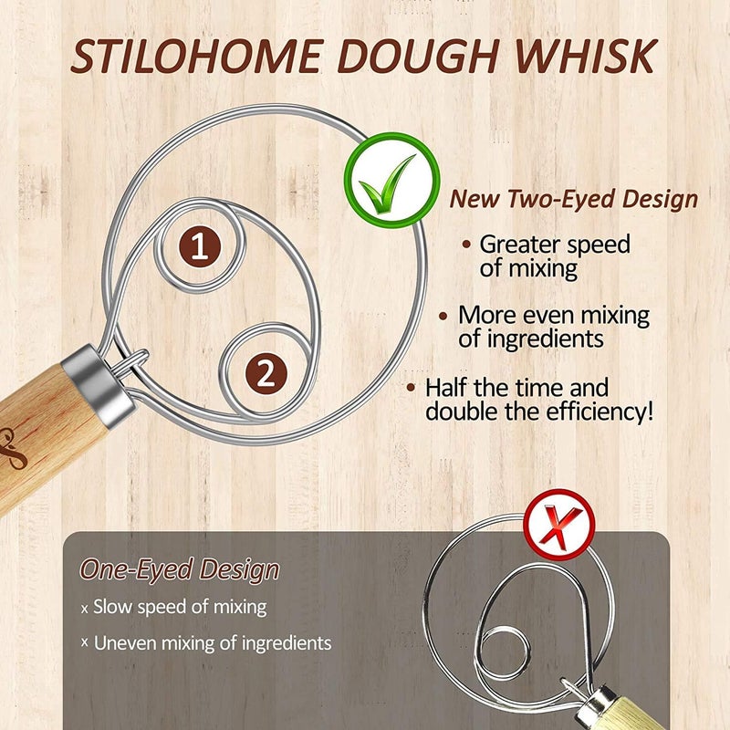 Deoxys Magic Dough Whisk 2PCS Dough Whisk Bread Dough Mixer Double Eyes Hand Whisk Hanging Bread Making Tool for Baking Bread Pizza Cake Cookie Wooden - Image 3