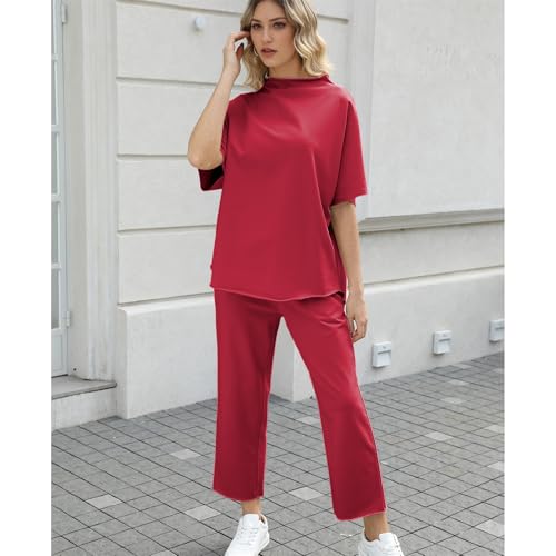 SeeLuNa Women's Two Piece Outfits 3/4 Batwing Sleeve Capelet Crew Neck Pullover Top Wide Leg Pants Lounge Set(Wine Red,S) - Image 5