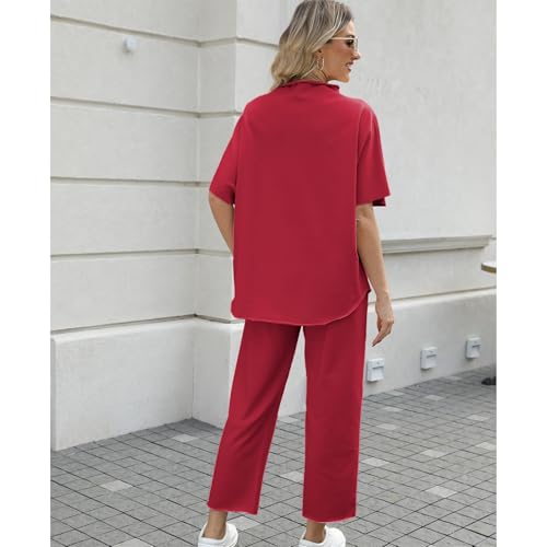 SeeLuNa Women's Two Piece Outfits 3/4 Batwing Sleeve Capelet Crew Neck Pullover Top Wide Leg Pants Lounge Set(Wine Red,S) - Image 2