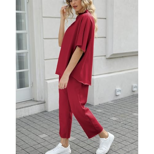 SeeLuNa Women's Two Piece Outfits 3/4 Batwing Sleeve Capelet Crew Neck Pullover Top Wide Leg Pants Lounge Set(Wine Red,S) - Image 3