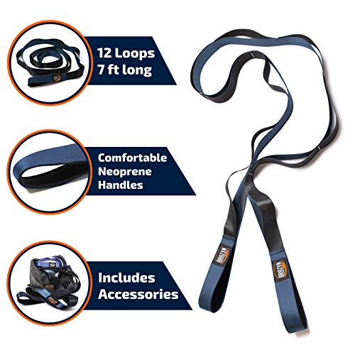 Brazyn - 12 Loop Mobility Stretching Band - Stretch Strap with Loops Physical Therapy Yoga Straps for Stretching Pilates Calf Stretcher Flexibility Running Dance Gymnastics with Travel Bag - Navy Blue - Image 2