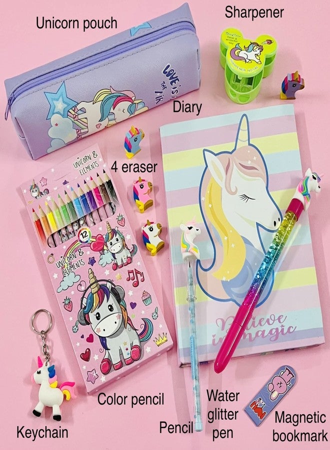 Le Delite Unicorn Big size diary journal notebook with color pencil crayons set, Zipper Pouch Stationery pencil box, water glitter pen,non sharpening pencil, cute erasers 4,sharpener & bookmark - Image 4