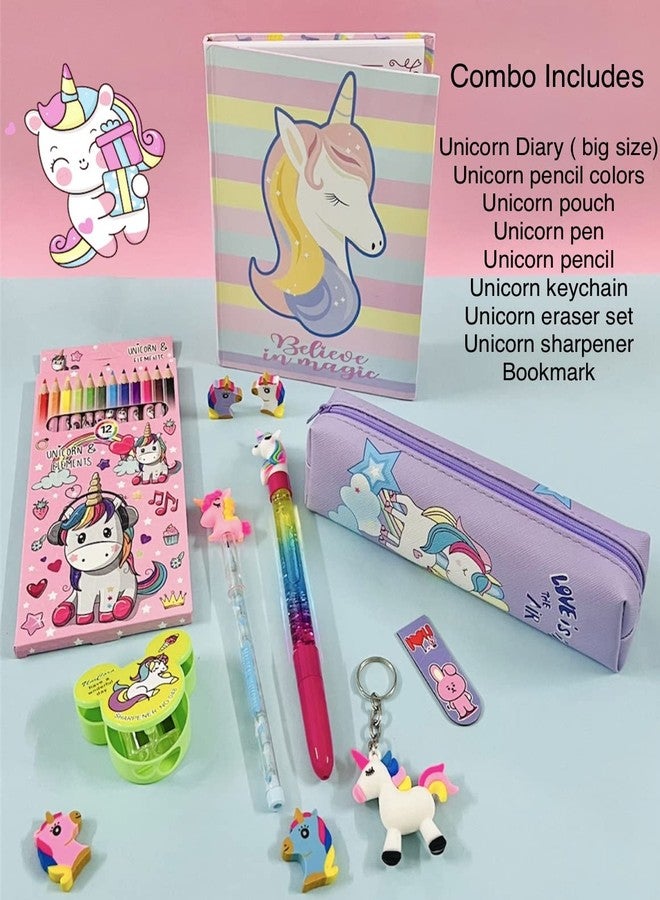 Le Delite Unicorn Big size diary journal notebook with color pencil crayons set, Zipper Pouch Stationery pencil box, water glitter pen,non sharpening pencil, cute erasers 4,sharpener & bookmark - Image 2