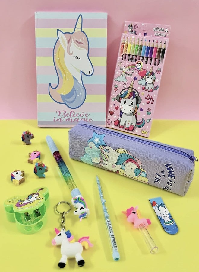 Le Delite Unicorn Big size diary journal notebook with color pencil crayons set, Zipper Pouch Stationery pencil box, water glitter pen,non sharpening pencil, cute erasers 4,sharpener & bookmark - Image 3