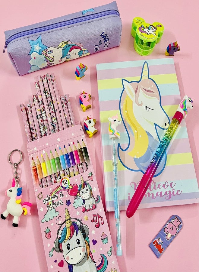 Le Delite Unicorn Big size diary journal notebook with color pencil crayons set, Zipper Pouch Stationery pencil box, water glitter pen,non sharpening pencil, cute erasers 4,sharpener & bookmark - Image 5