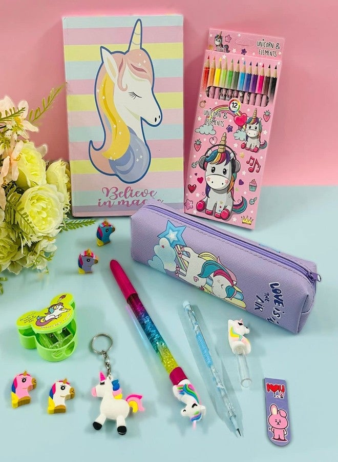 Le Delite Unicorn Big size diary journal notebook with color pencil crayons set, Zipper Pouch Stationery pencil box, water glitter pen,non sharpening pencil, cute erasers 4,sharpener & bookmark - Image 1