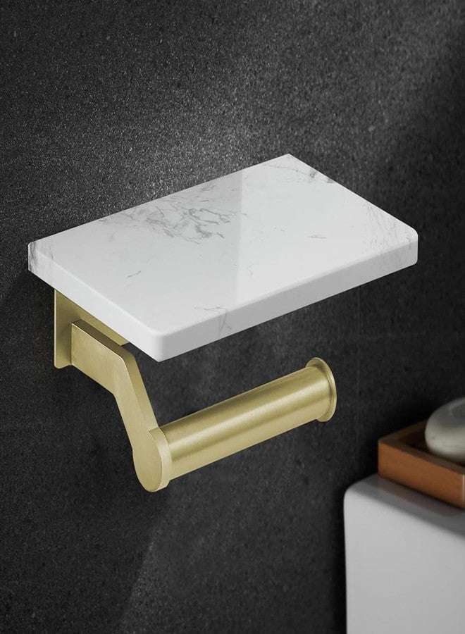 Hoimpro Brushed Gold Aluminum Toilet Paper Holder with White Natural Marble Shelf, Wall Mounted Tissue Hand Paper Roll Storage Holder for Bathroom Kitchen Washroom Bedroom - Image 1