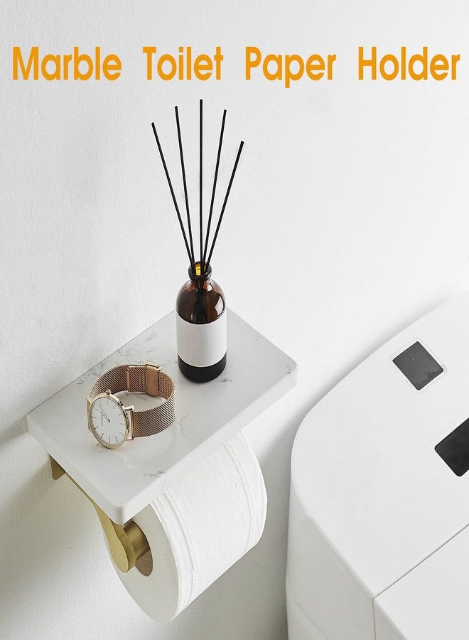 Hoimpro Brushed Gold Aluminum Toilet Paper Holder with White Natural Marble Shelf, Wall Mounted Tissue Hand Paper Roll Storage Holder for Bathroom Kitchen Washroom Bedroom - Image 2