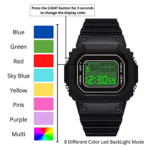 SWADESI STUFF Kids Digital Watch with Multi-Color 7-Light Display, Green Dial, Black Rubber Strap, and Day-Date Function - Image 3