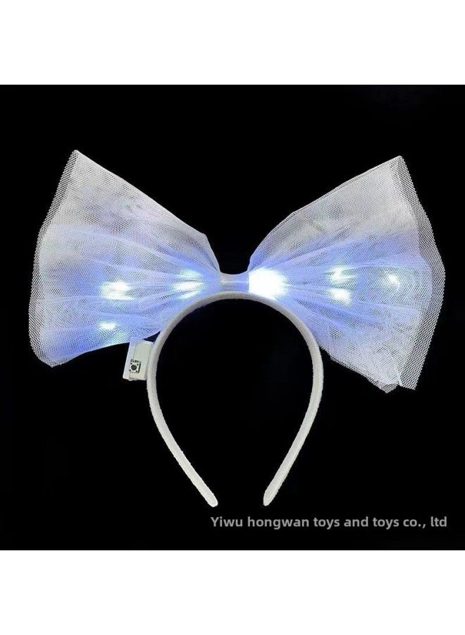 Hot Sale Luminous Rabbit Ear Hair Hoop Dragon Lantern Bow Ball Headwear 14 Light Woolly Rabbit Ear Toy-Color:Mesh Bow-white Light  - Image 1