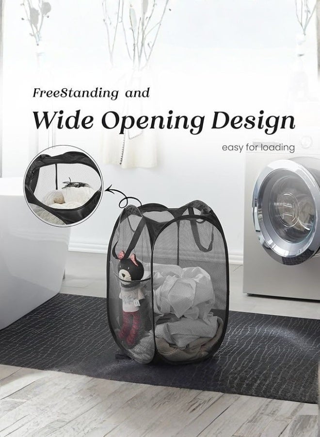 Leoxol Collapsible Mesh Laundry Hamper 72 L | Foldable Clothes Basket with Handles and Side Pocket | Portable Pop Up Storage Bin | For Bedroom Bathroom Dorm Travel Black - Image 5