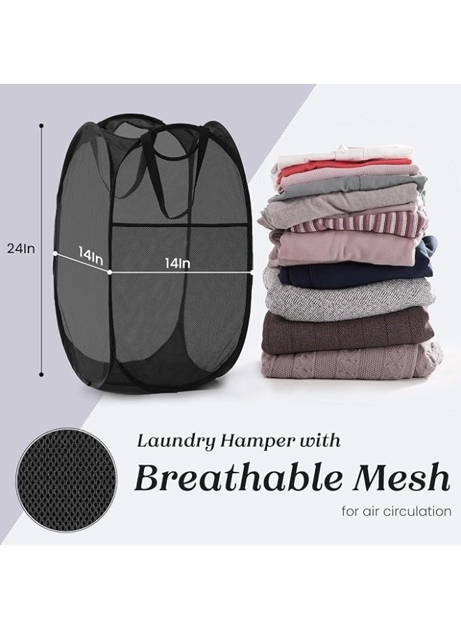 Leoxol Collapsible Mesh Laundry Hamper 72 L | Foldable Clothes Basket with Handles and Side Pocket | Portable Pop Up Storage Bin | For Bedroom Bathroom Dorm Travel Black - Image 4