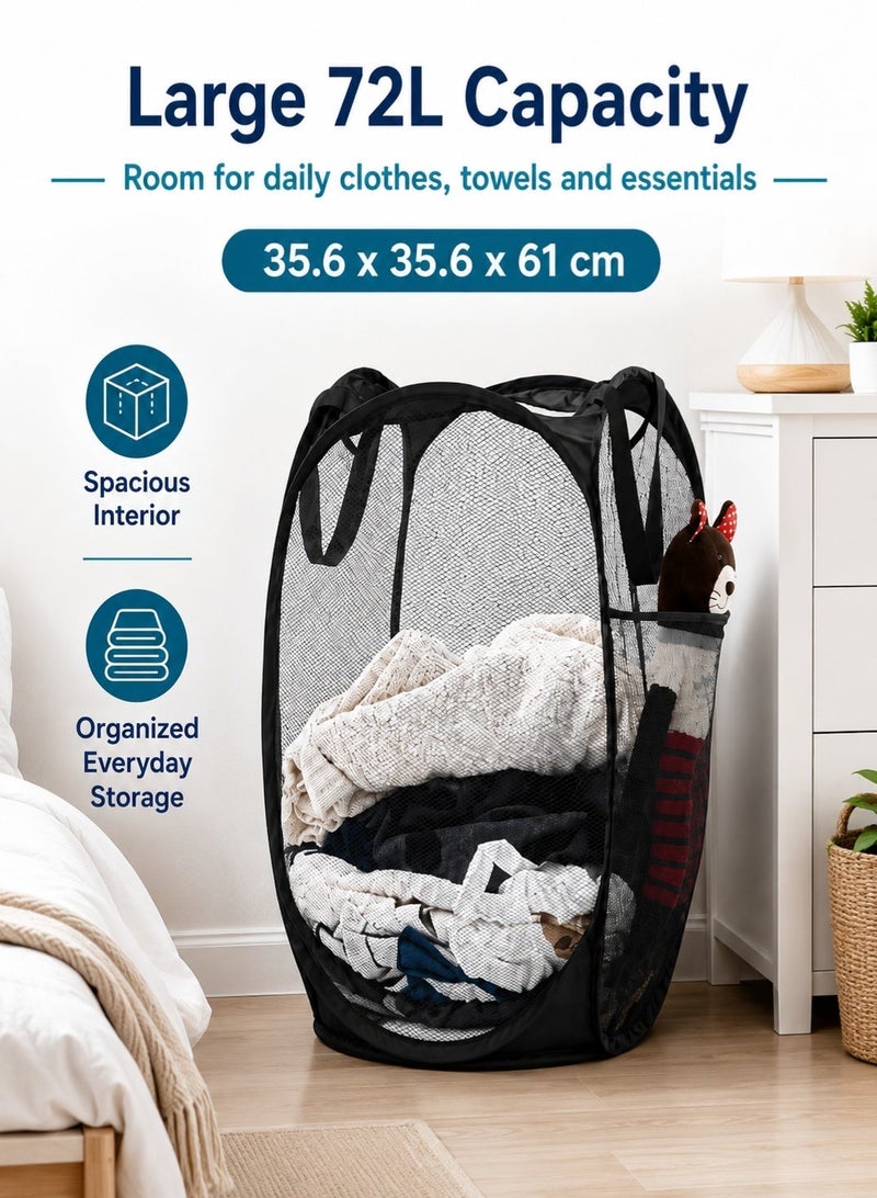 Leoxol Collapsible Mesh Laundry Hamper 72 L | Foldable Clothes Basket with Handles and Side Pocket | Portable Pop Up Storage Bin | For Bedroom Bathroom Dorm Travel Black - Image 2