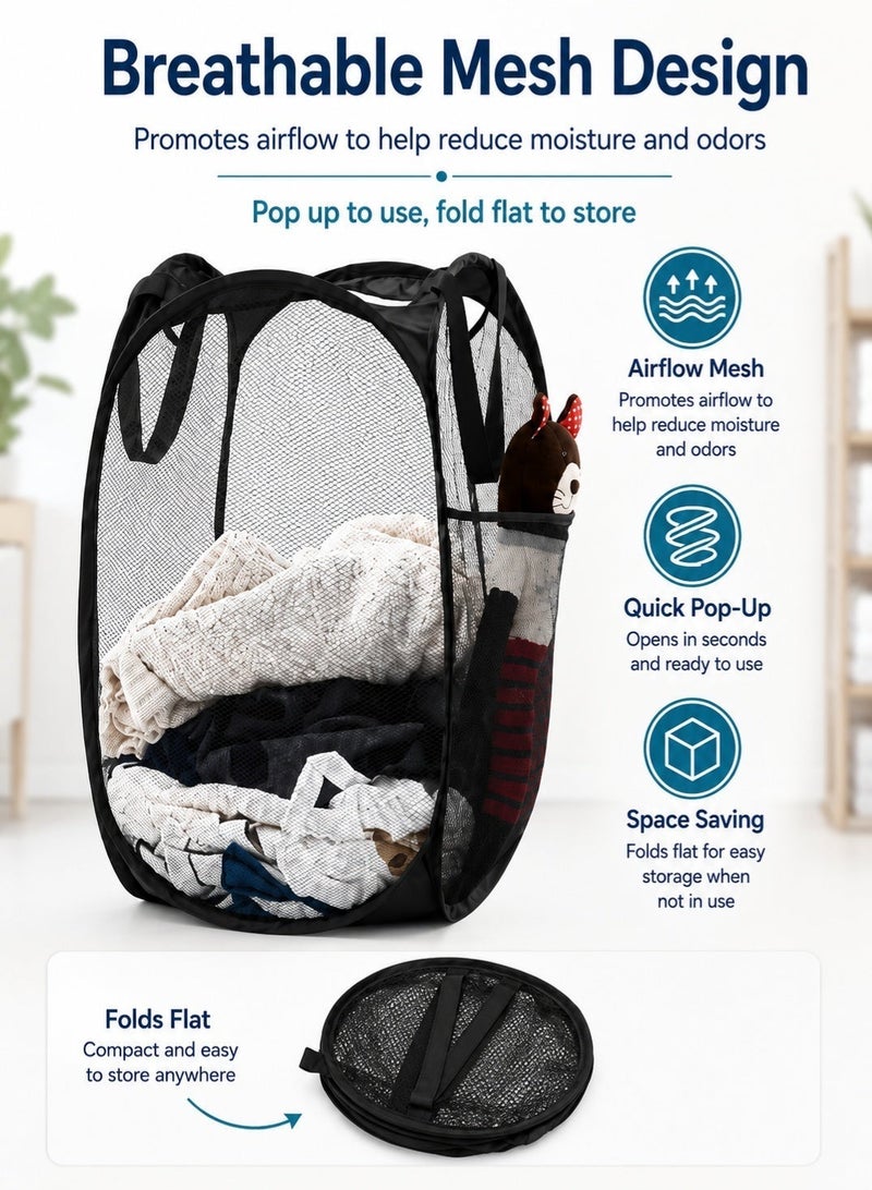 Leoxol Collapsible Mesh Laundry Hamper 72 L | Foldable Clothes Basket with Handles and Side Pocket | Portable Pop Up Storage Bin | For Bedroom Bathroom Dorm Travel Black - Image 3