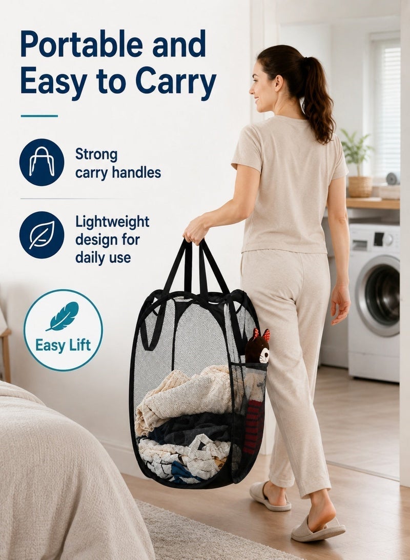 Leoxol Collapsible Mesh Laundry Hamper 72 L | Foldable Clothes Basket with Handles and Side Pocket | Portable Pop Up Storage Bin | For Bedroom Bathroom Dorm Travel Black - Image 4
