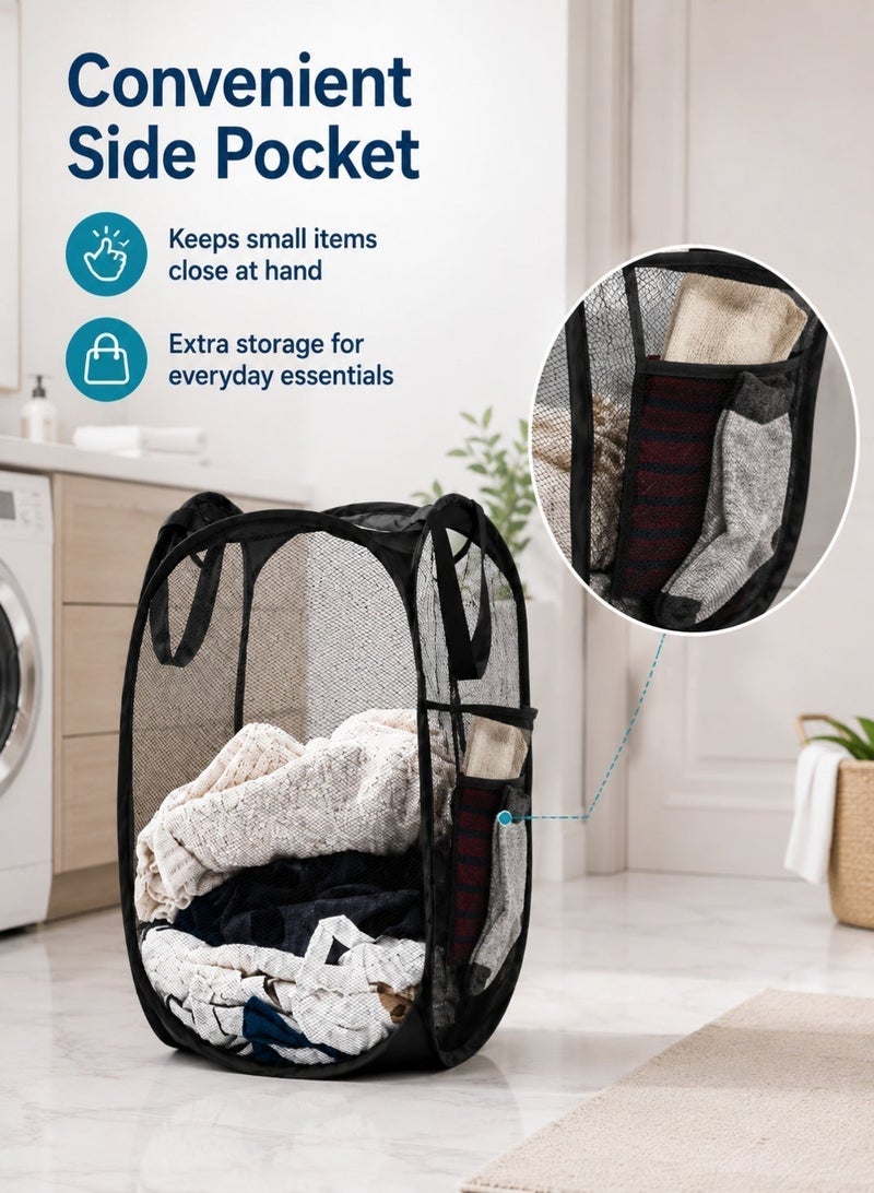 Leoxol Collapsible Mesh Laundry Hamper 72 L | Foldable Clothes Basket with Handles and Side Pocket | Portable Pop Up Storage Bin | For Bedroom Bathroom Dorm Travel Black - Image 5