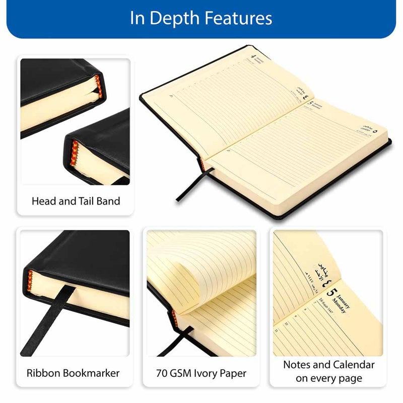 FIS 2026 A5 Diary, 148x210mm, 1 Side Padded Italian PU Cover Materials, Round Corners, 1 Day a Page Format, Arabic/English, 70gsm Italian Ivory Paper, Black Cover-FSDI19AE26BK - Image 5