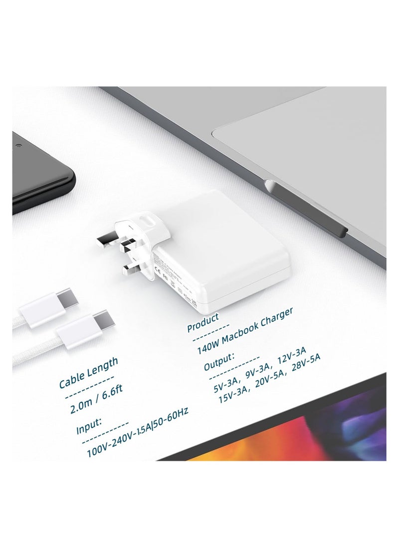 أنمي شاحن ماك بوك برو 140W USB C Super Fast Charger، متوافق مع ماك بوك برو 16، 15، 14، 13 بوصة، ماك بوك إير 13 بوصة، آي باد برو 2022/2021/2020/2019/2018، متضمنة 6.6 قدم USB C إلى C كابل  - Image 3