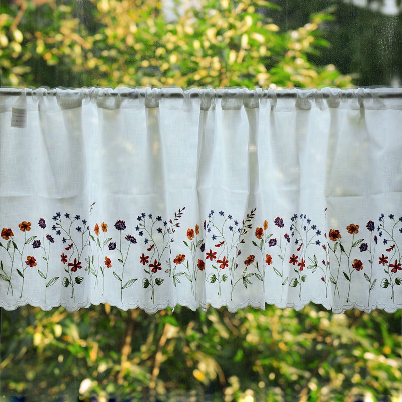 yurlisa 027 Floral Embroidery Pastoral Style Valance, White Sheer Flowers Valances,Window Treatment for Kitchen,W60XL18 inch (Wild Flower) - Image 4