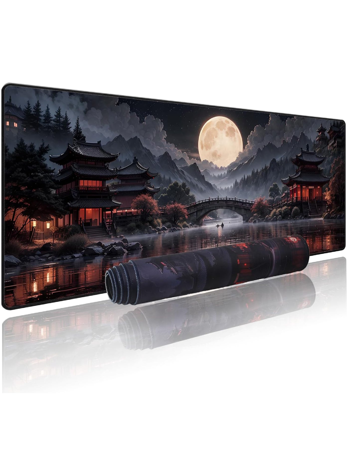 Rock Pow Japanese Mouse Mat Riverside Full Moon Mouse Pad Large Gaming Mousepad XL Keyboard Pad 800x300mm Laptop Computer Mouse Keyboard Mat for Office Black Red