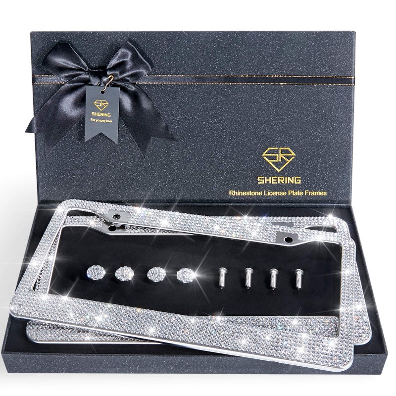 Shering Bling License Plate Frame 2 Pack License Plate Frame with Premium Gift Box for WomenRhinestone License Plate Frames with 1200pcs RhinestonesSliver Rhinestone