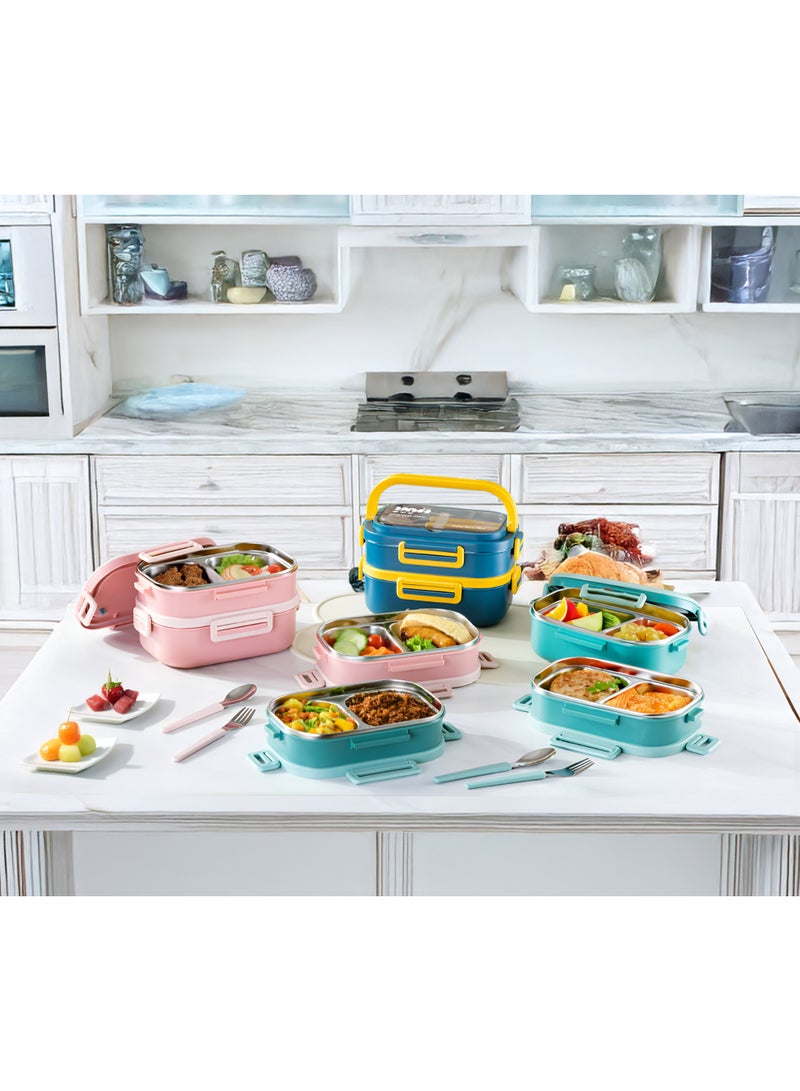 YAH Creation YAH Premium Stainless Steel Bento Lunch Box, 2-Layer Leakproof Food Container (1.65L) with Stainless Steel Cutlery &, Durable & Stylish for Work & School. Light Pink - Image 4