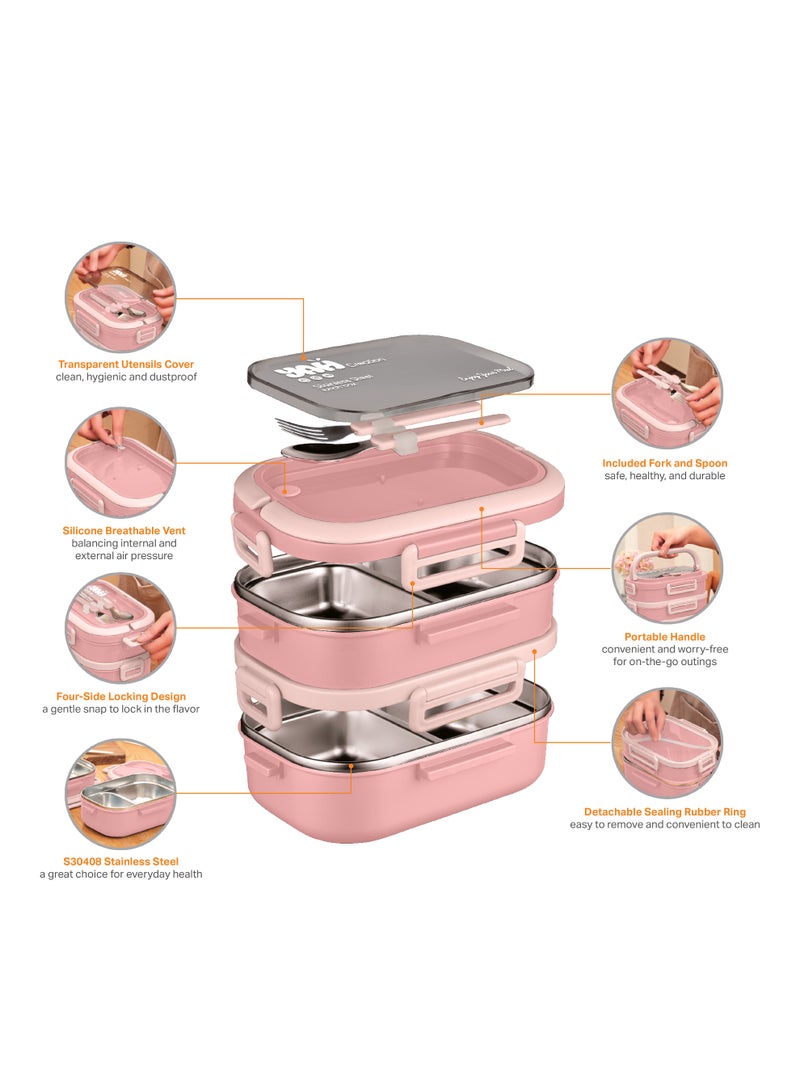 YAH Creation YAH Premium Stainless Steel Bento Lunch Box, 2-Layer Leakproof Food Container (1.65L) with Stainless Steel Cutlery &, Durable & Stylish for Work & School. Light Pink - Image 1