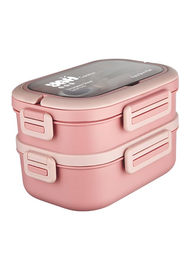 YAH Creation YAH Premium Stainless Steel Bento Lunch Box, 2-Layer Leakproof Food Container (1.65L) with Stainless Steel Cutlery &, Durable & Stylish for Work & School. Light Pink - Image 2