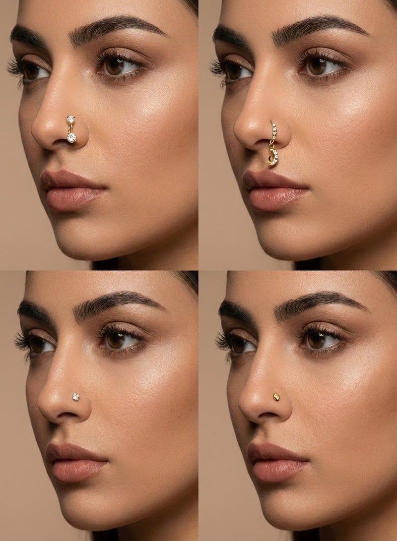 maffick 4 Pcs Zirconia Straight Pin Nose Studs Set in Luxury Jewelry Box (10x10x5cm) - Gold & Silver Crystal Solitaire & Dangle Moon Nostril Piercing Jewelry with Gift Card - Image 1