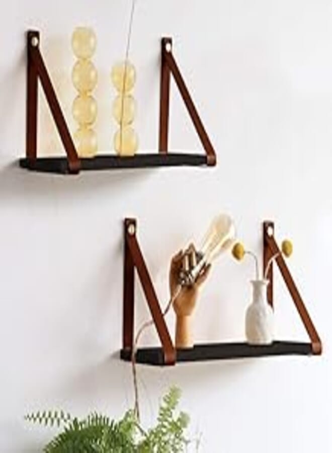 Home Gallery PU Brown Leather Strap Wall Floating Shelf 80X20 Black 