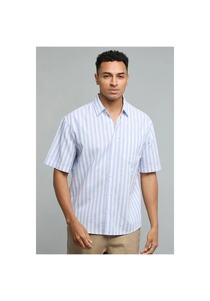 R&b Striped Shirt with Classic Collar and Short Sleeves