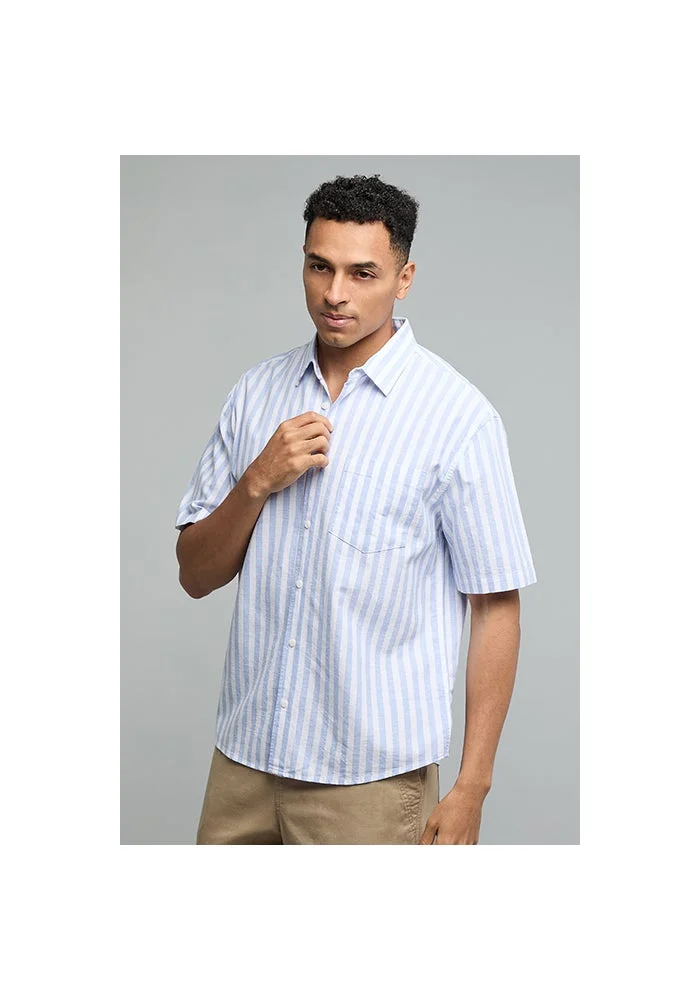 R&b Striped Shirt with Classic Collar and Short Sleeves