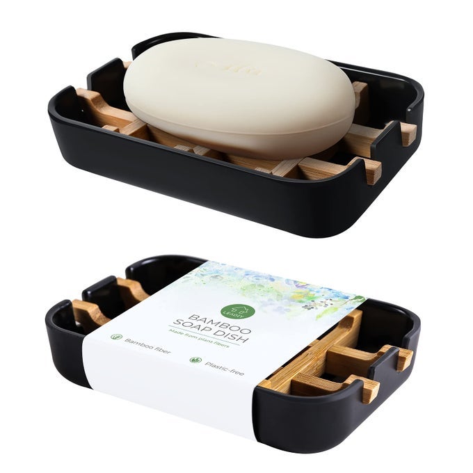 BAMBOO SOAP DISHES 2PACK BLACK HOLDER FOR BATHROOM SHOWER