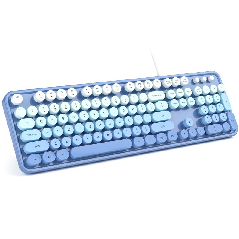MOWUX Computer Keyboard Wired, Plug and Play USB Retro Round Typewriter Keyboard, Full Size Wired Keyboard with Foldable Stands for Laptop and Office PC- Blue Gradient - Image 1