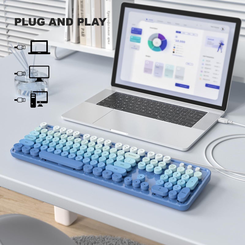 MOWUX Computer Keyboard Wired, Plug and Play USB Retro Round Typewriter Keyboard, Full Size Wired Keyboard with Foldable Stands for Laptop and Office PC- Blue Gradient - Image 2