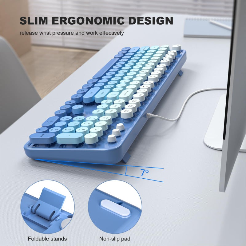 MOWUX Computer Keyboard Wired, Plug and Play USB Retro Round Typewriter Keyboard, Full Size Wired Keyboard with Foldable Stands for Laptop and Office PC- Blue Gradient - Image 4