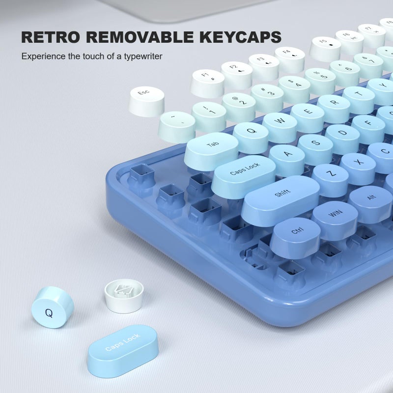 MOWUX Computer Keyboard Wired, Plug and Play USB Retro Round Typewriter Keyboard, Full Size Wired Keyboard with Foldable Stands for Laptop and Office PC- Blue Gradient - Image 5