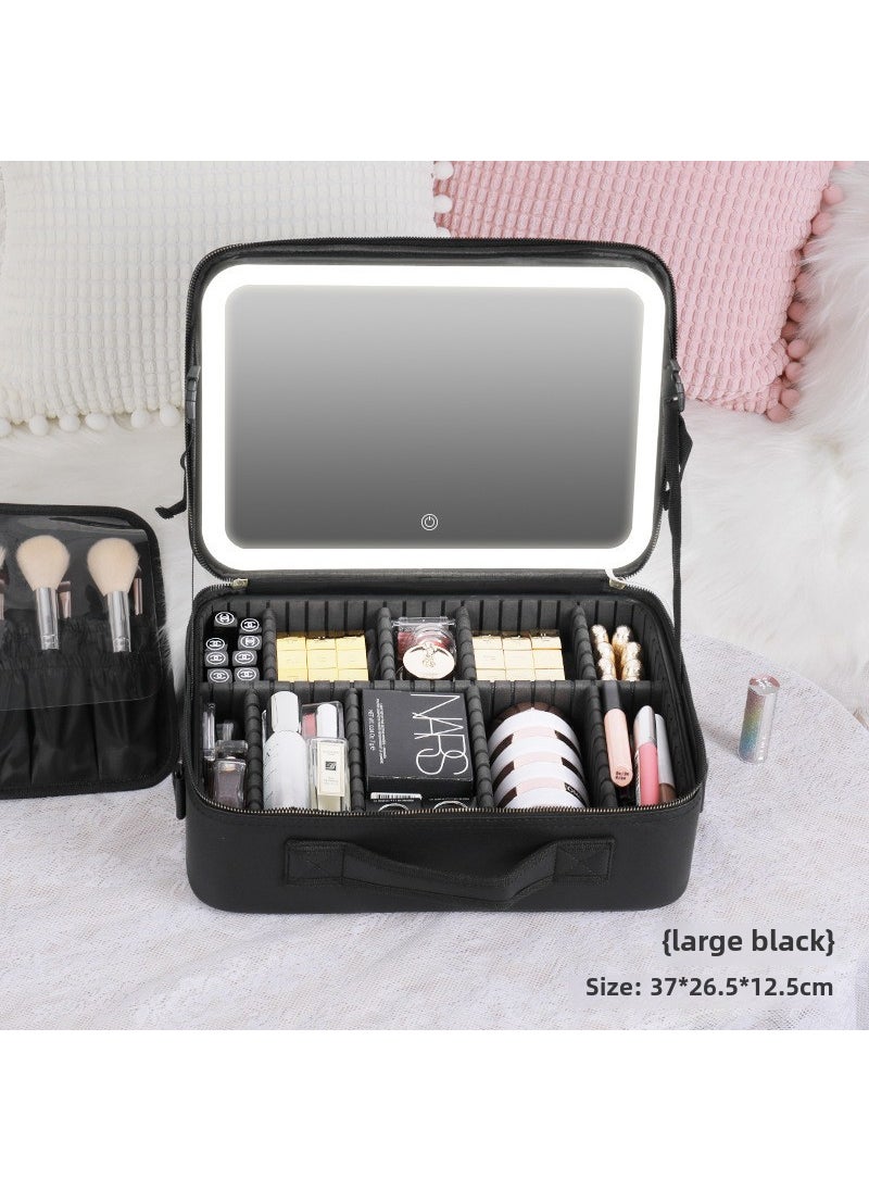 Generic - Large Capacity Makeup Bag with Mirror and Light [Large elegant black] full screen mirror + LED lamp ring - Image 1